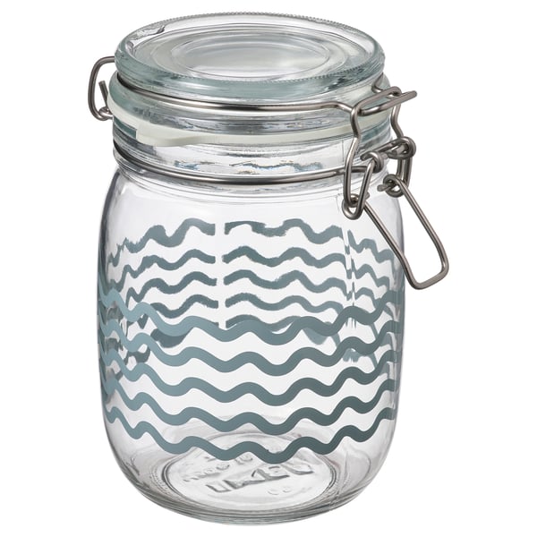 KORKEN Jar with lid, clear glass/patterned pale blue, 34 oz IKEA