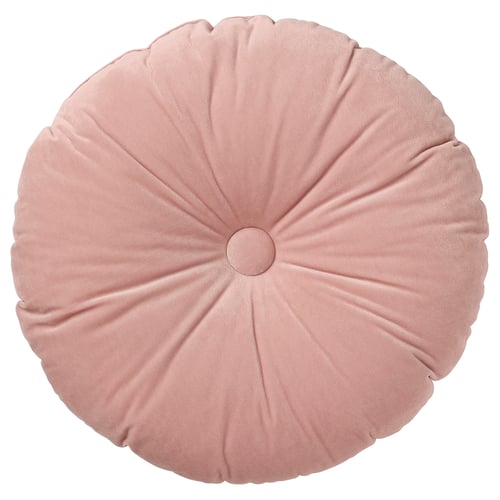 Blush pink, round KRANSBORRE cushion with velvet cover and pleated design.