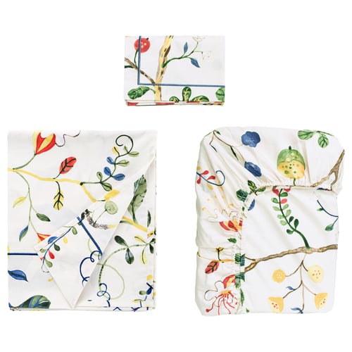 KRONBUSKE bedding set: 1 flat sheet, 1 fitted sheet, 2 pillowcases. White with hand-drawn floral design. Cotton-lyocell blend, rectangle shape.