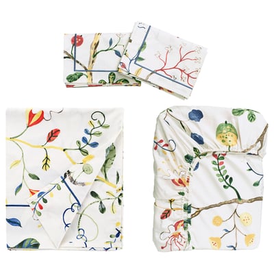 KRONBUSKE white floral bed set, cotton-lyocell blend, crisp percale, colourful branches & leaves, includes fitted sheet, flat sheet, pillowcases.