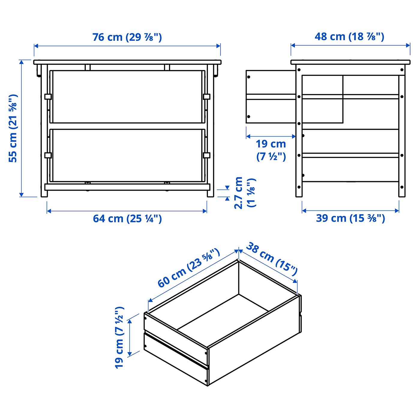 KRONÖREN 2-drawer chest, pine, 297/8x187/8x215/8