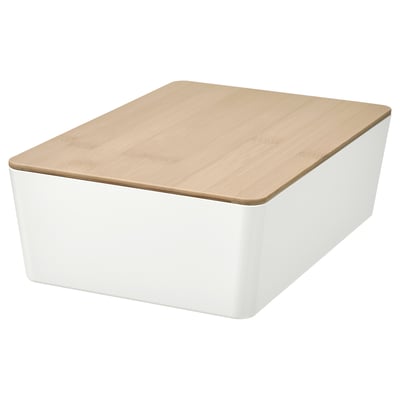 KUGGIS Box with lid, white/bamboo, 7x10 ¼x3 ¼ "