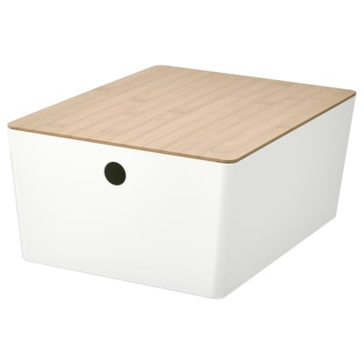 KUGGIS Box with lid, white/bamboo, 10 ¼x13 ¾x6 "