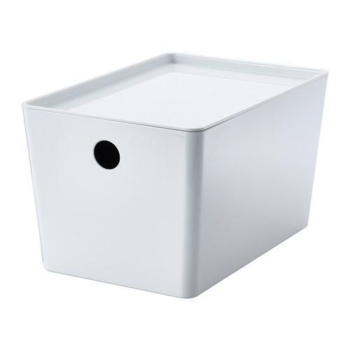 A white KUGGIS storage box with a round handle, made of durable pet plastic. Its designed to store small items.