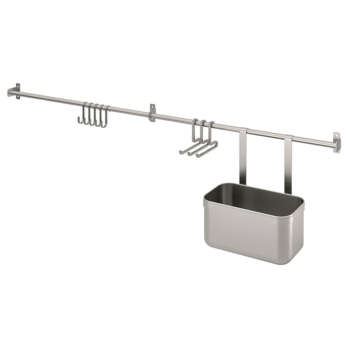 KUNGSFORS rails with hooks and container, stainless steel, 441/8" IKEA