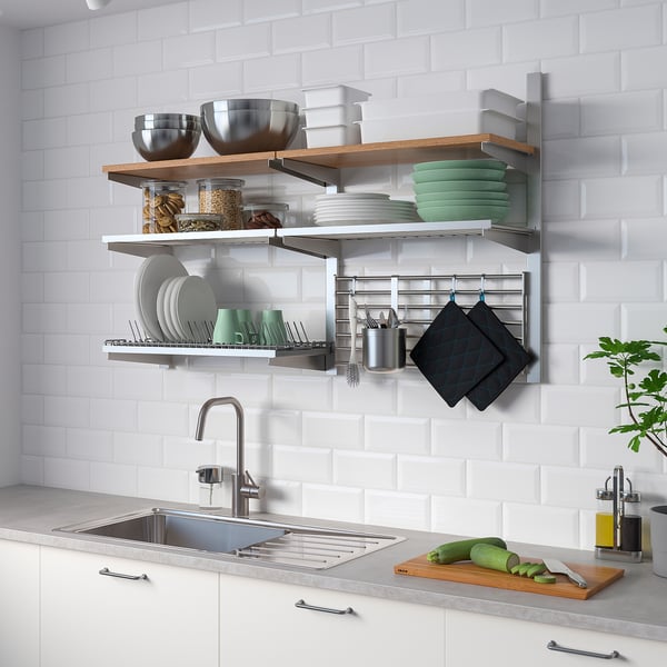 KUNGSFORS Wall grid with storage, stainless steel/ash