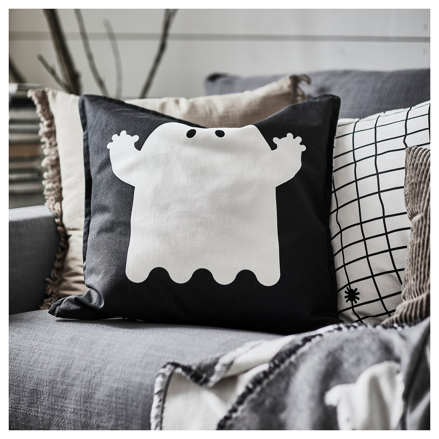 KUSTFYR cushion cover, ghost pattern white/black, 20x20