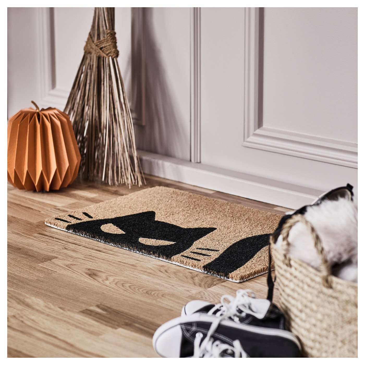 KUSTFYR door mat, cat pattern black/natural, 1'4