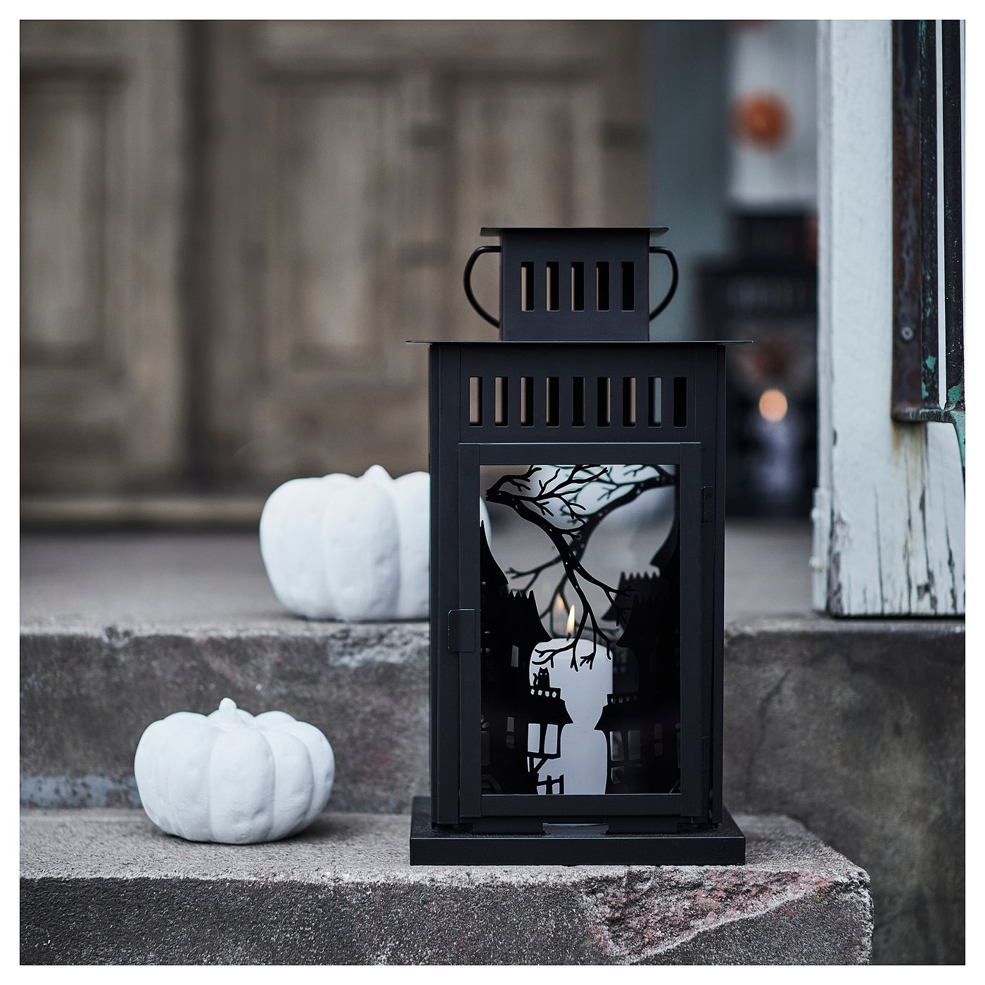 KUSTFYR lantern for pillar candle, in/out, black, 17 ¼