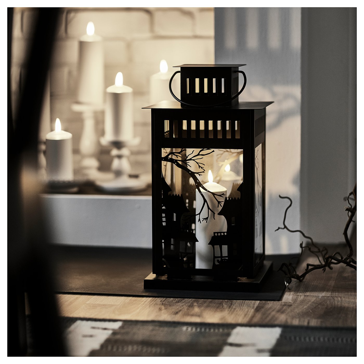 KUSTFYR lantern for pillar candle, in/out, black, 17 ¼