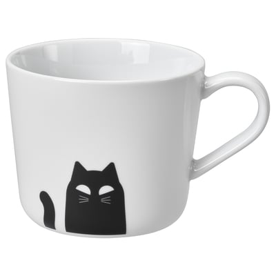 KUSTFYR Mug, cat pattern white/black, 12 oz
