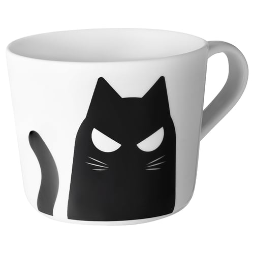 White mug with black cat face design, feldspar porcelain, for coffee/tea.