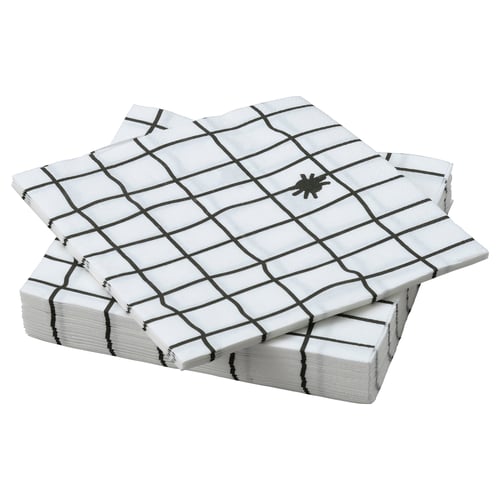Halloween-themed stack of white, three-ply paper napkins with black grid and spider design.
