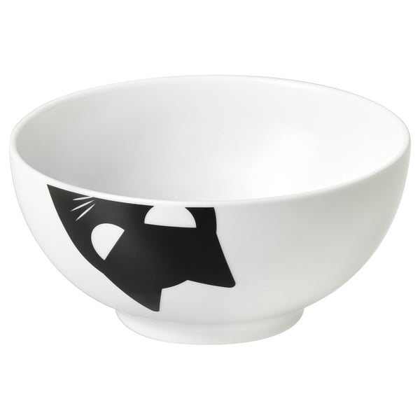 KUSTFYR Serving bowl, white/cat black, 5 "