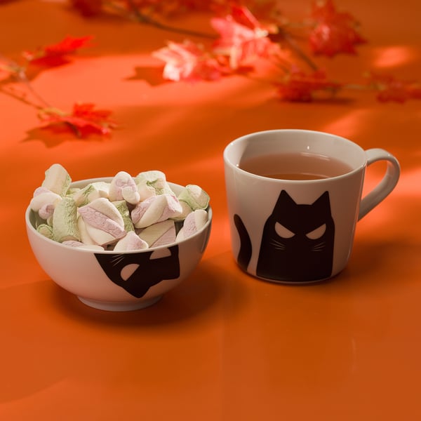 KUSTFYR Serving bowl, white/cat black, 5 "