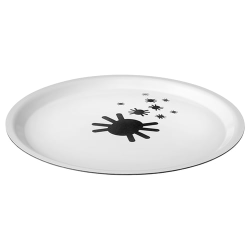 Round white halloween-themed tray with black spider designs, made from high-pressure melamine laminate.