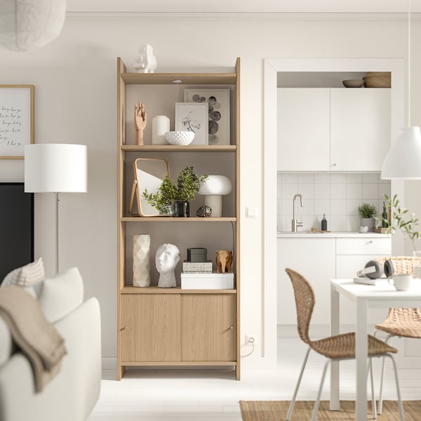 LÅDMAKARE Storage combination w sliding doors, with 3 shelves/oak effect, 31 3/4x13 3/4x83 5/8 "