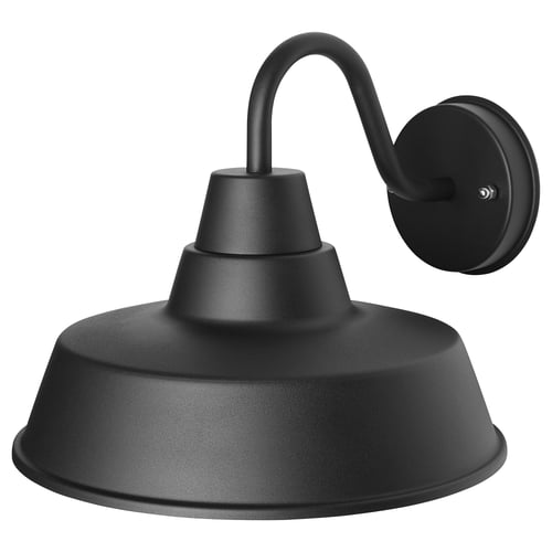 Black wall-mounted lamp with curved arm and bowl-shaped shade. Industrial, modern design.