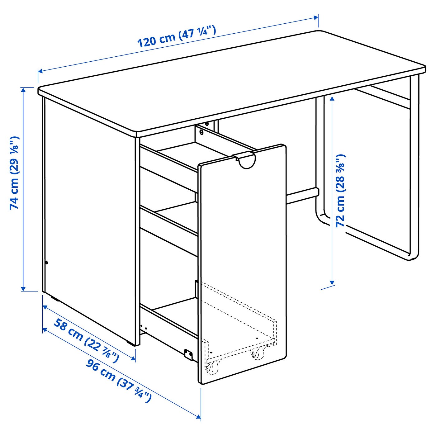 LÄRANDE Desk with pull-out storage unit, white, 471/4x227/8