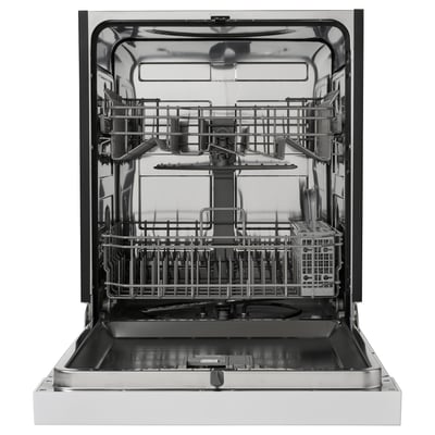Stainless steel dishwasher with racks, open door, no items inside.