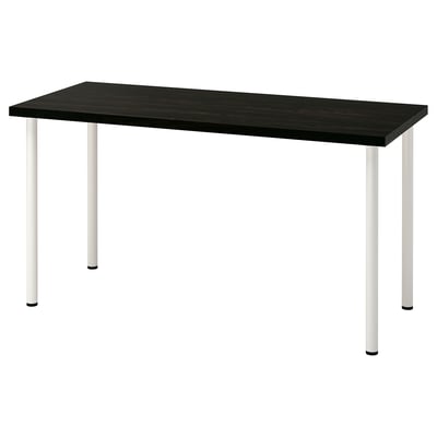 Depicts a rectangular LAGKAPTEN table with a black top and white legs, designed for easy assembly and stability.