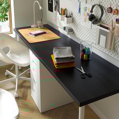 LAGKAPTEN / ALEX Desk, black-brown/white, 78 3/4x23 5/8 "