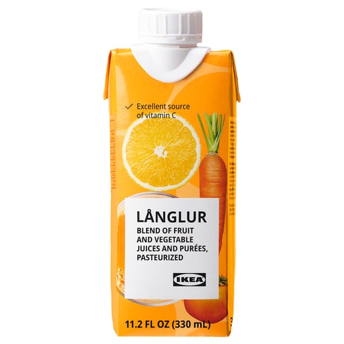 Orange-colored juice carton labelled LÅNGLUR, featuring fruit and vegetable images, promoting as an excellent source of vitamin c, produced by IKEA.