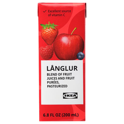 Ikea fruit smoothie box: LÅNGLUR, 6. 8 oz, red, with apple, strawberry, raspberry, blueberry images, high in vitamin c.