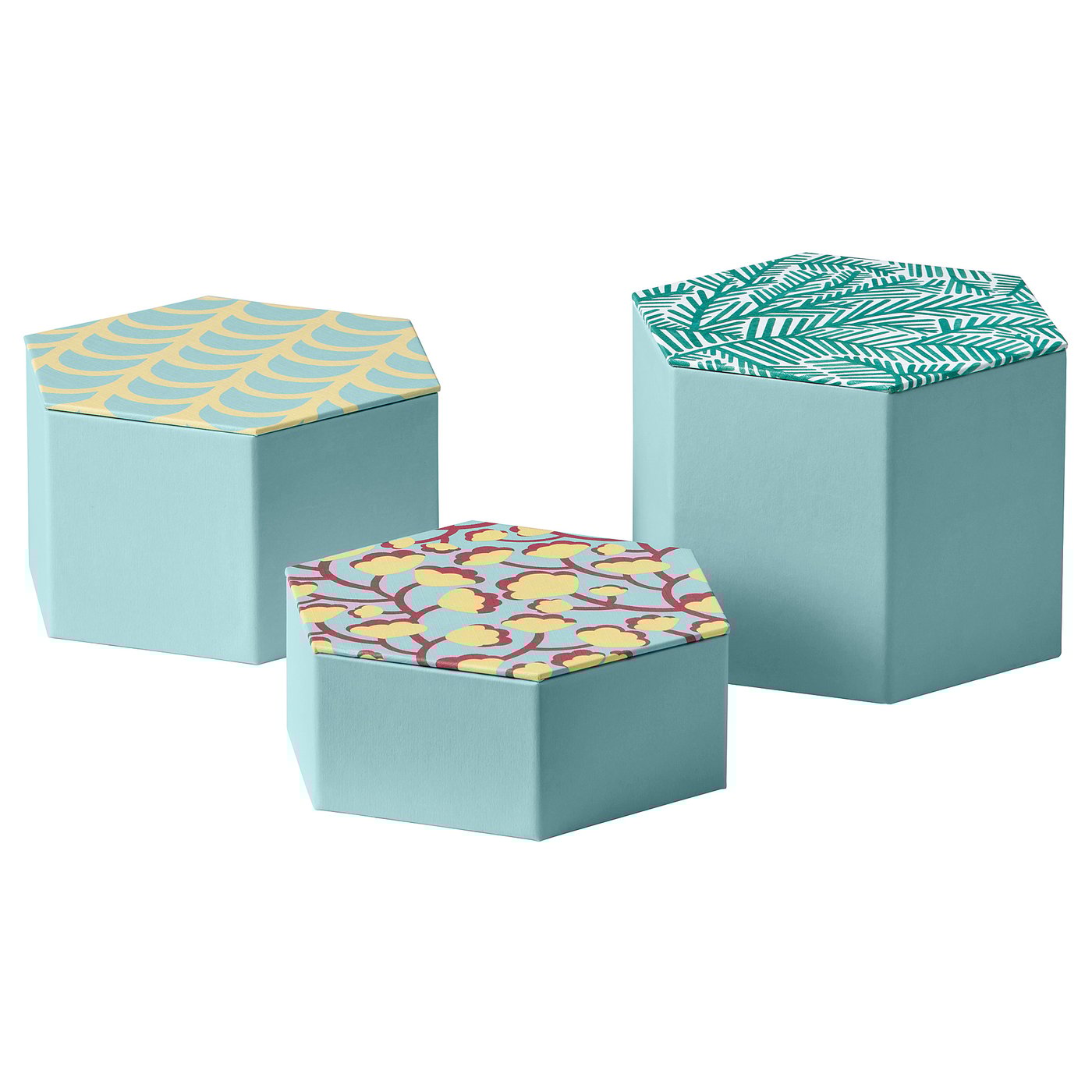 LANKMOJ Decorative box, set of 3, light blue, patterned IKEA