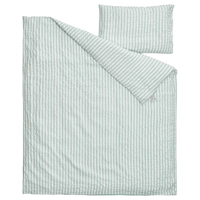 Set includes green and white striped duvet cover and pillowcase, zip closure, 50% organic cotton, and 50% viscose.