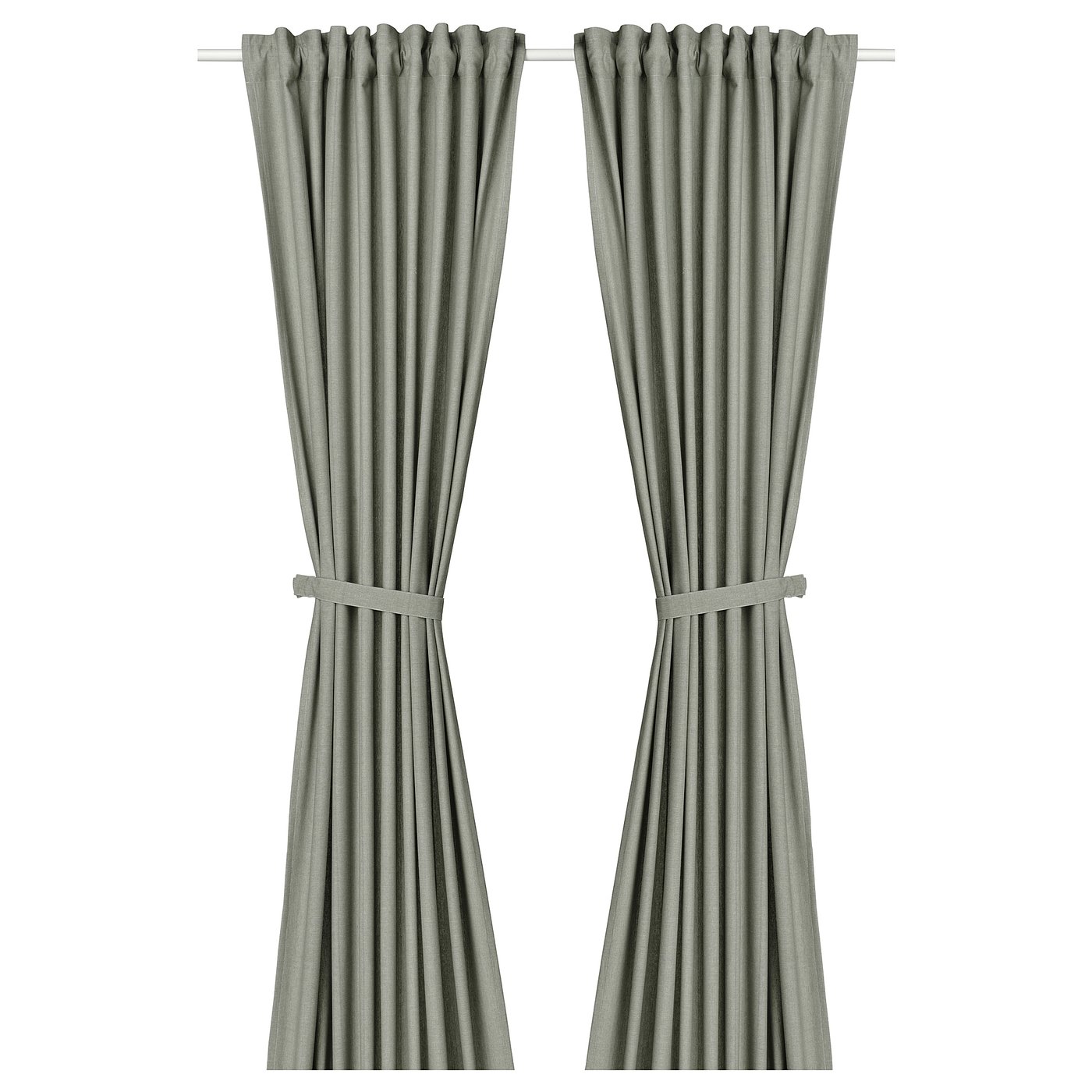 Curtains With Tie-Backs, 1 Pair, Light Gray-Green/With Heading Tape