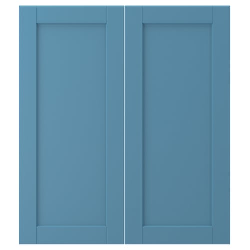 This image a pair of LERHYTTAN blue cabinet doors with a solid wood frame and inset bevelled panel design.