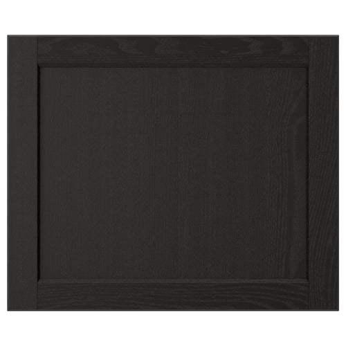 Black LERHYTTAN kitchen cabinet door with bevelled edges and ash veneer panel.