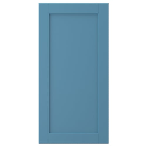 LERHYTTAN blue kitchen cabinet door, rectangular with wooden frame and veneer panel, traditional design.