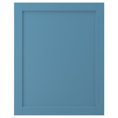 Blue LERHYTTAN cabinet door with solid wood frame, birch veneer panel, and bevelled edges.