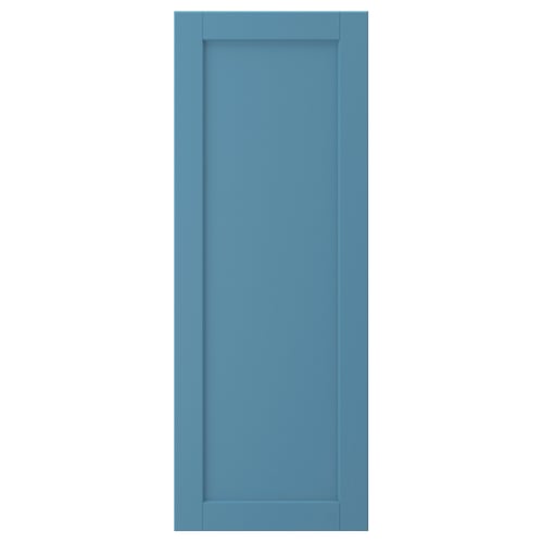 A blue LERHYTTAN cabinet door with a wooden frame and inset panel. It has a traditional design.