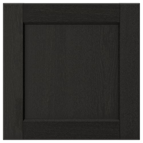 A black LERHYTTAN drawer front with a wooden frame and bevelled edges, featuring an inset veneer panel.