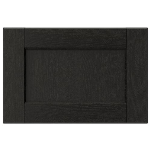 Black wooden cabinet door with dark wood grain texture, rectangular shape, and simple bevelled edges.