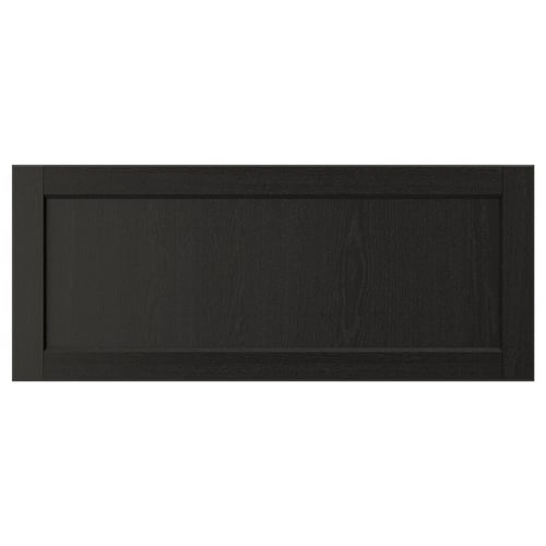 LERHYTTAN black wooden cabinet front, rectangular shape with bevelled edges and inset veneer panel, solid ash frame, traditional design.