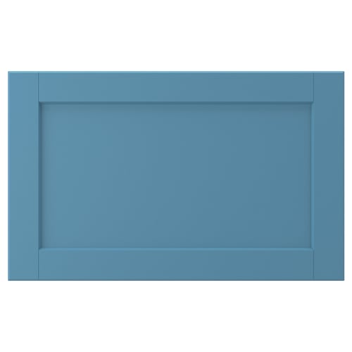 Blue rectangular wooden drawer front with recessed panel, solid frame, and bevelled edges.