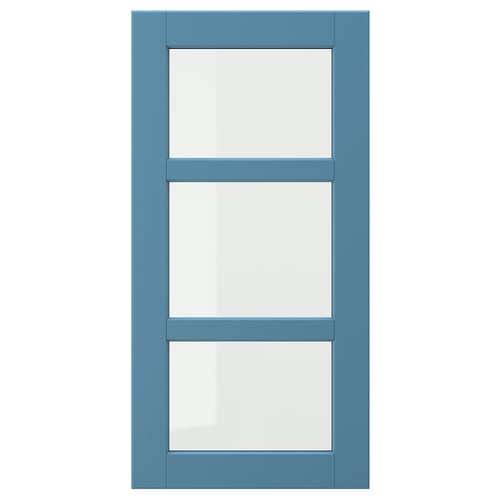 Blue wooden cabinet door with three clear glass panels and bevelled edges.