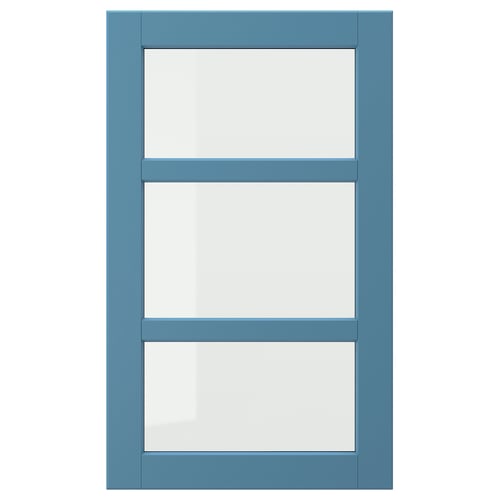 LERHYTTAN blue cabinet door with bevelled wooden frame and glass panels.