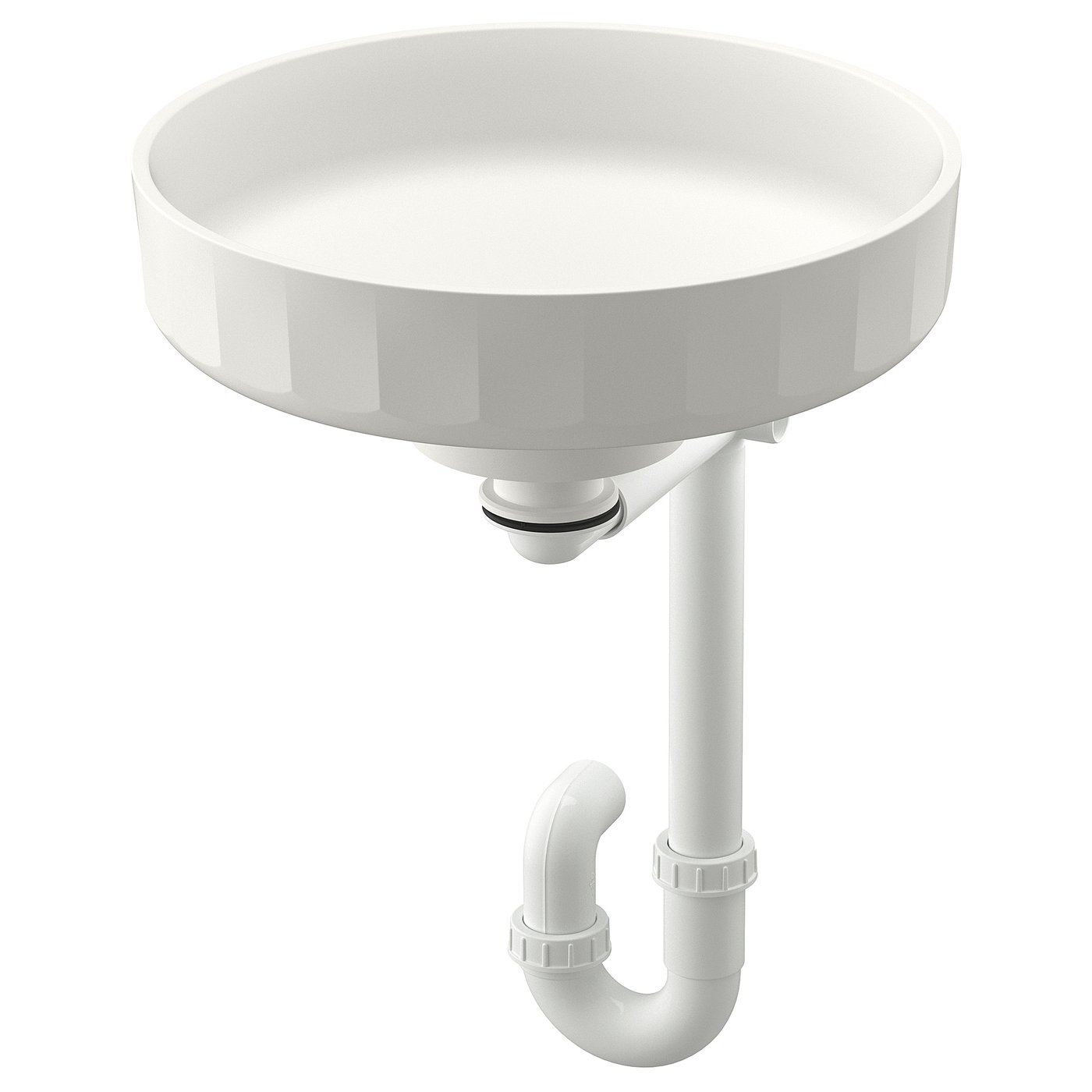 Modern white LERSJÖN bathroom sink, round, marble composite, minimalist with visible trap.