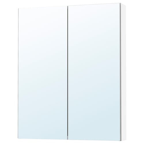 White mirrored cabinet for bathroom storage, reflects light for brightness.