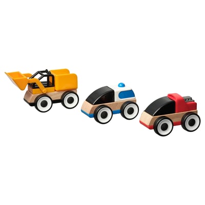 LILLABO 3-piece vehicle set, excavator police car/race car multicolor