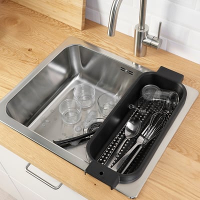 Mainstays 2 Piece Plastic Kitchen Sink Set, Dish Rack with Slide-Out Drip Tray, Black