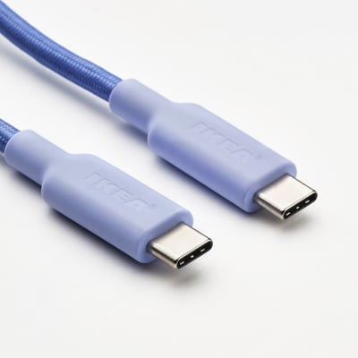 Two usb-c cables, blue, braided & durable, on white surface.