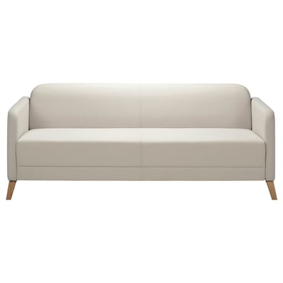 Off-white LINANÄS sofa, rectangular, polyester, wooden legs, minimalist.