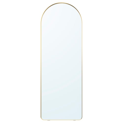 The LINDBYN mirror with a gold-colored, anodized aluminium frame, rounded top, and sleek design.