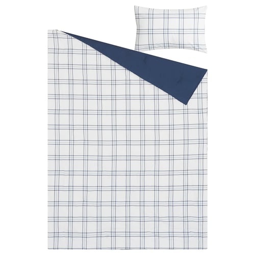 LINSNÄRJA blue chequered comforter set, minimalist design. Includes large rectangle comforter and one pillow sham. Made of cotton and viscose.